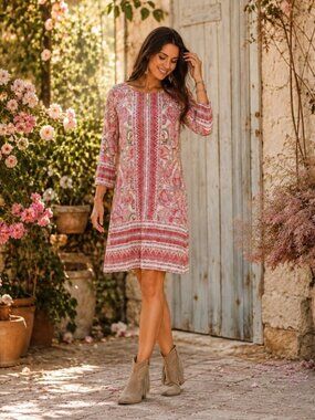 Haani Pink Paisley Boho Midi Dress Small 70s Retro Long Sleeve